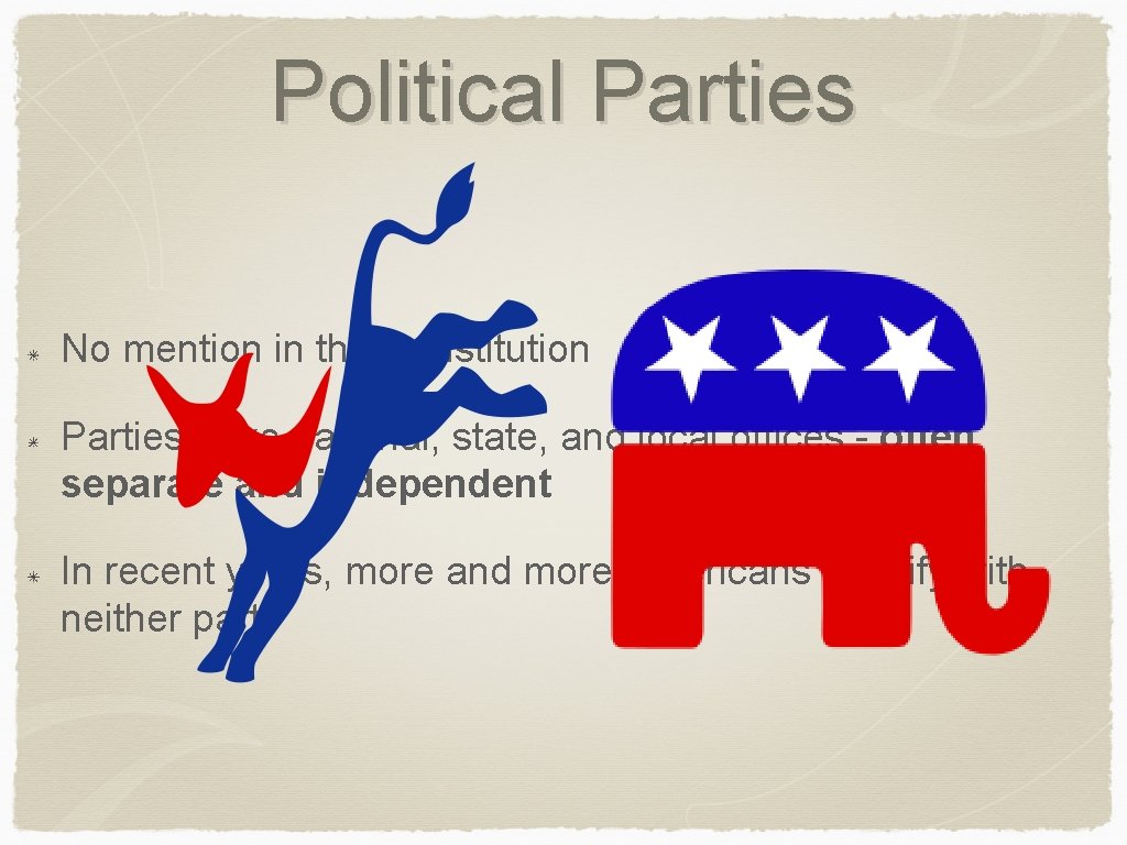 Political Parties No mention in the Constitution Parties have national, state, and local offices