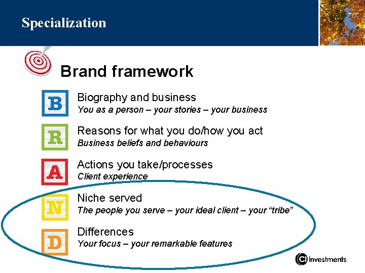 Specialization Brand framework Biography and business You as a person – your stories –