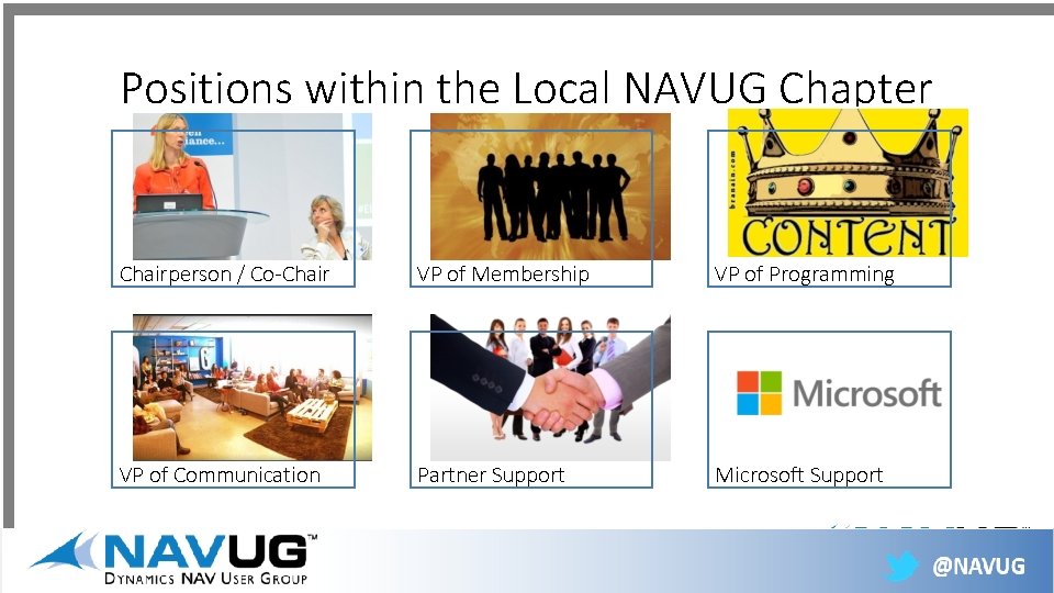 Positions within the Local NAVUG Chapter Meet locally Share globally Chairperson / Co-Chair VP