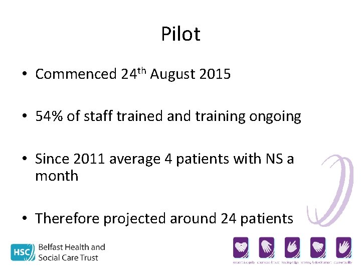 Pilot • Commenced 24 th August 2015 • 54% of staff trained and training
