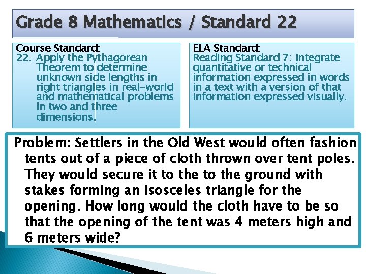 Grade 8 Mathematics / Standard 22 Course Standard: 22. Apply the Pythagorean Theorem to