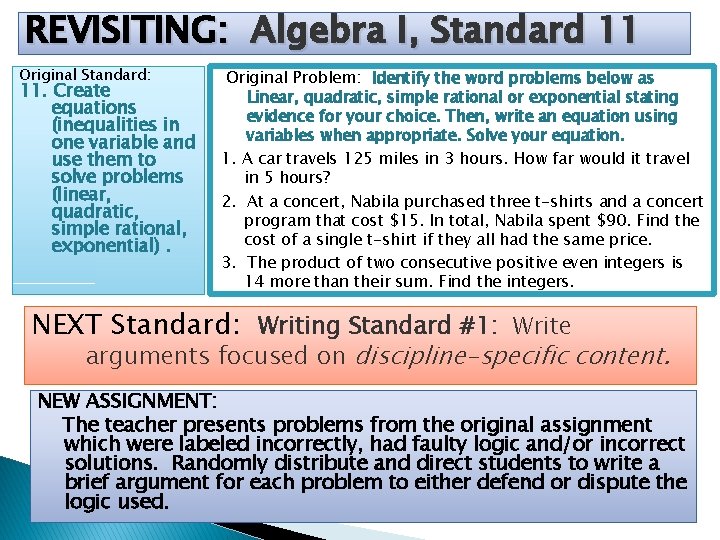REVISITING: Algebra I, Standard 11 Original Standard: 11. Create equations (inequalities in one variable