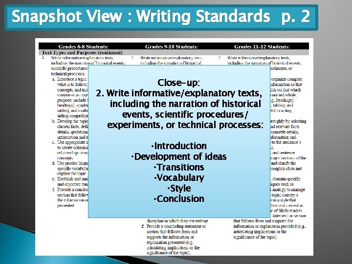 Snapshot View : Writing Standards p. 2 Close-up: 2. Write informative/explanatory texts, including the