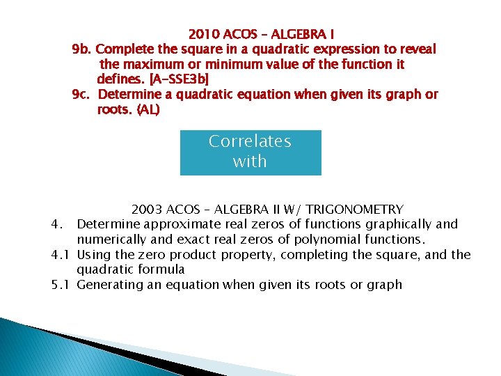 2010 ACOS – ALGEBRA I 9 b. Complete the square in a quadratic expression