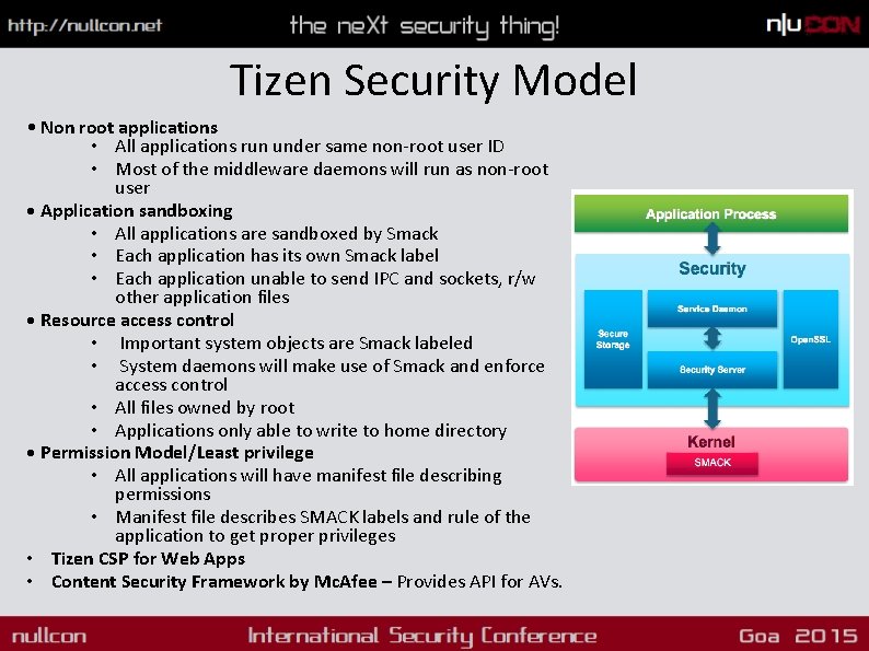 Tizen Security Model • Non root applications • All applications run under same non-root