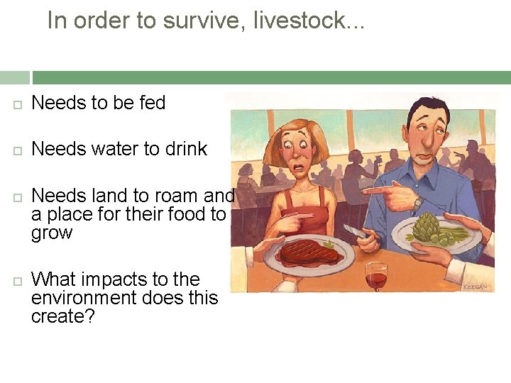 In order to survive, livestock. . . Needs to be fed Needs water to