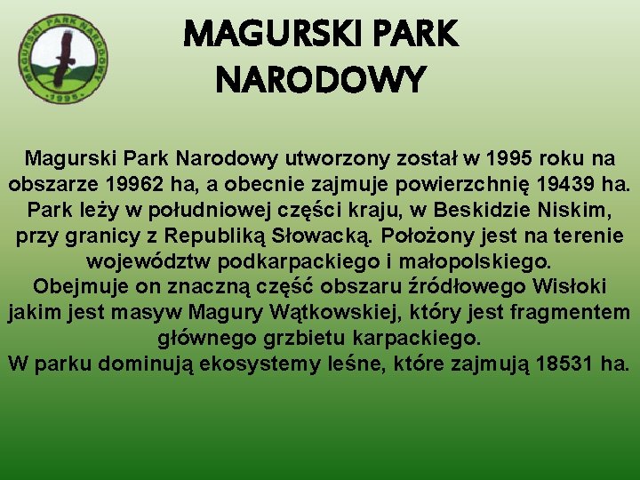 MAGURSKI PARK NARODOWY Magurski Park Narodowy utworzony został w 1995 roku na obszarze 19962