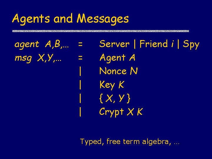 Agents and Messages agent A, B, … = msg X, Y, … = |