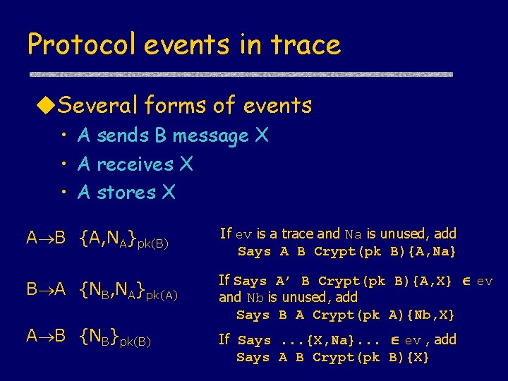 Protocol events in trace u. Several forms of events • A sends B message