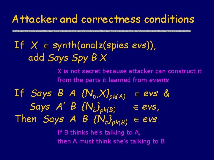 Attacker and correctness conditions If X synth(analz(spies evs)), add Says Spy B X X