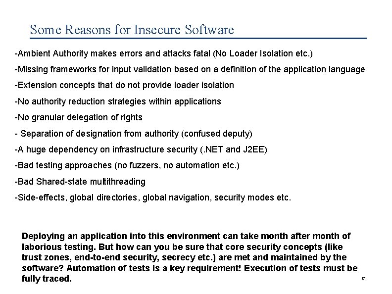 Some Reasons for Insecure Software -Ambient Authority makes errors and attacks fatal (No Loader