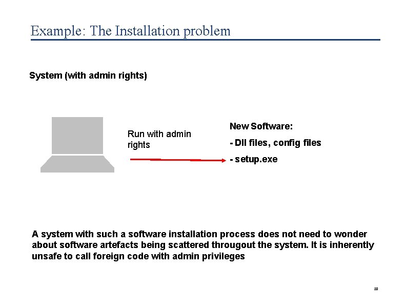 Example: The Installation problem System (with admin rights) Run with admin rights New Software: