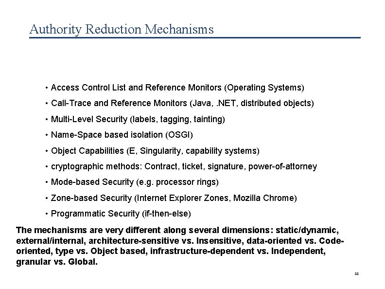 Authority Reduction Mechanisms • Access Control List and Reference Monitors (Operating Systems) • Call-Trace