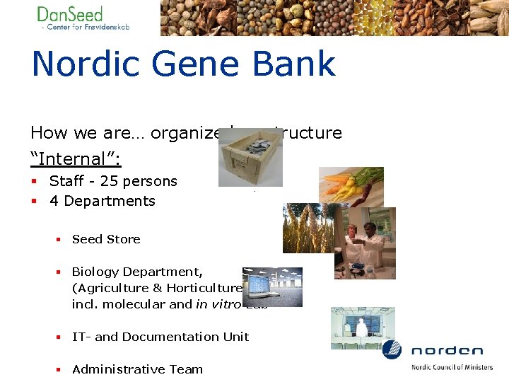 Nordic Gene Bank How we are… organized - structure “Internal”: § Staff - 25