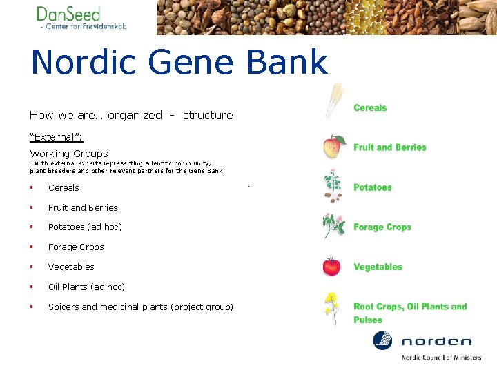 Nordic Gene Bank How we are… organized - structure “External”: Working Groups - with