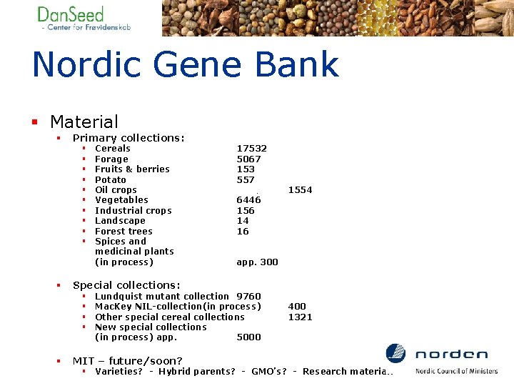 Nordic Gene Bank § Material § Primary collections: § § § 17532 5067 153