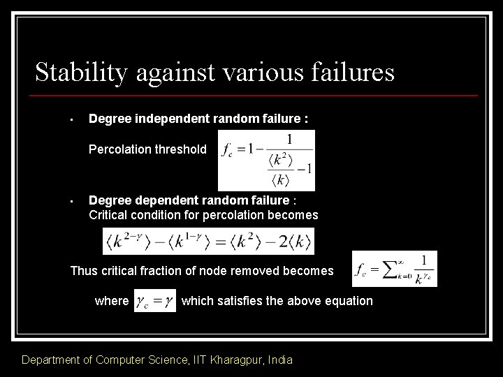 Stability against various failures • Degree independent random failure : Percolation threshold • Degree