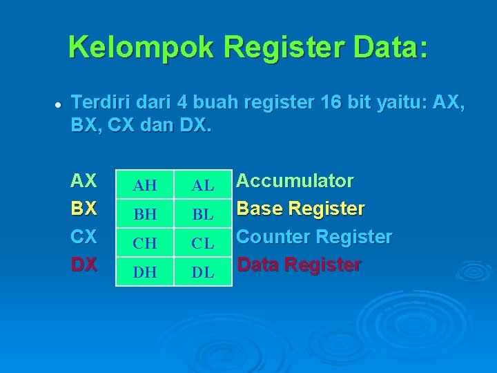 Kelompok Register Data: l Terdiri dari 4 buah register 16 bit yaitu: AX, BX,