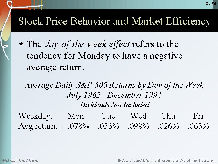 8 - 36 Stock Price Behavior and Market Efficiency w The day-of-the-week effect refers