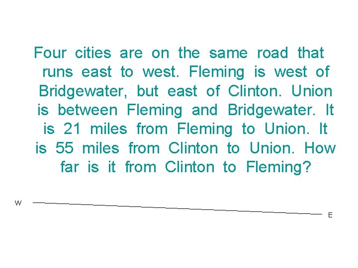 Four cities are on the same road that runs east to west. Fleming is