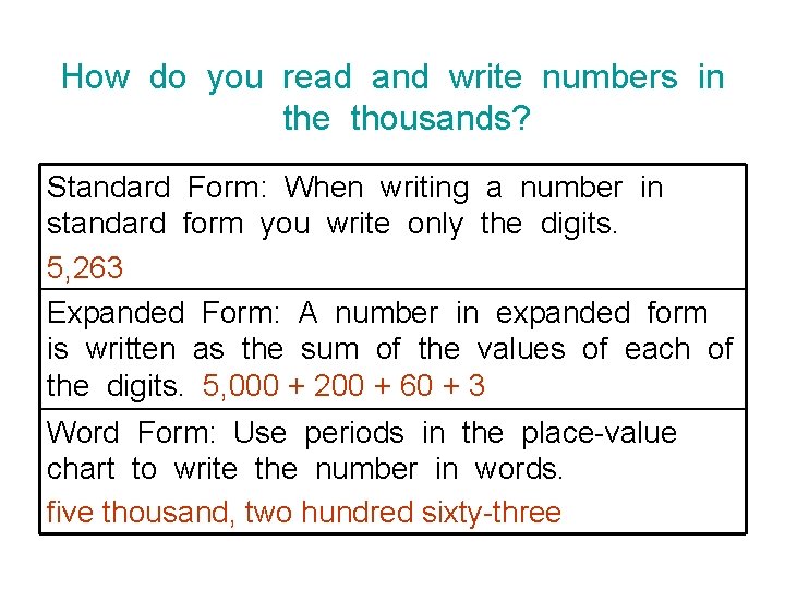 How do you read and write numbers in the thousands? Standard Form: When writing