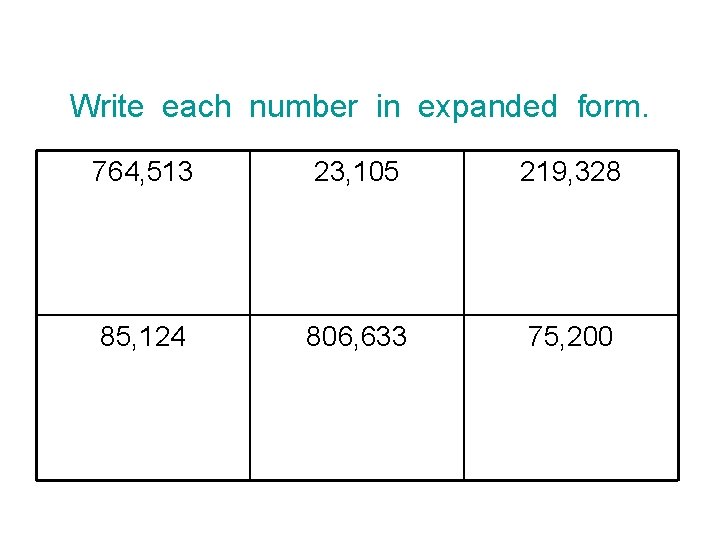 Write each number in expanded form. 764, 513 23, 105 219, 328 85, 124