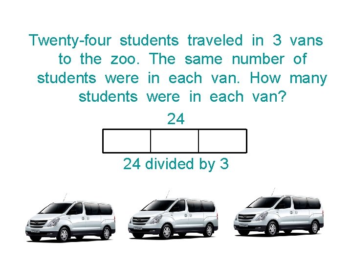 Twenty-four students traveled in 3 vans to the zoo. The same number of students