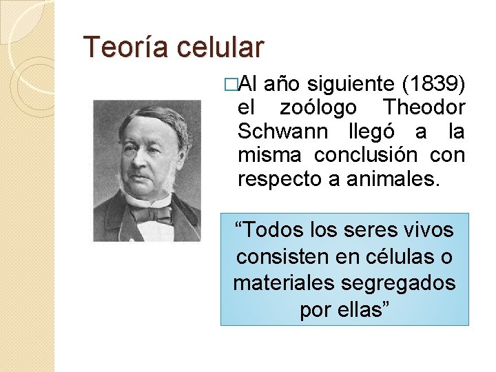 Teoría celular �Al año siguiente (1839) el zoólogo Theodor Schwann llegó a la misma
