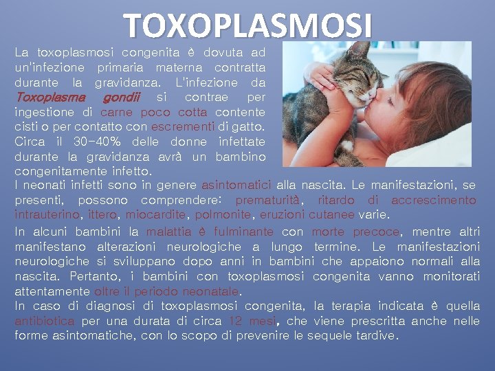 TOXOPLASMOSI La toxoplasmosi congenita è dovuta ad un'infezione primaria materna contratta durante la gravidanza.