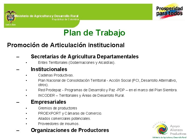 Ministerio de Agricultura y Desarrollo Rural República de Colombia Plan de Trabajo Promoción de