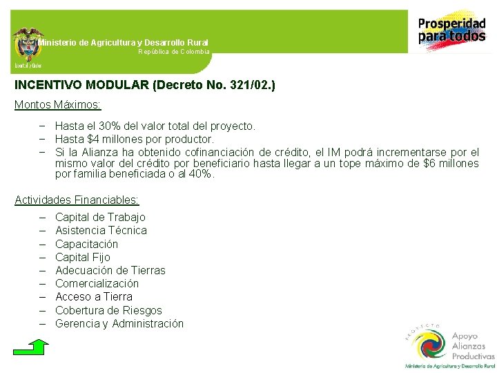 Ministerio de Agricultura y Desarrollo Rural República de Colombia INCENTIVO MODULAR (Decreto No. 321/02.
