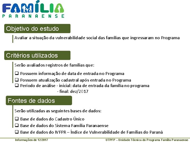 Objetivo do estudo Avaliar a situação da vulnerabilidade social das famílias que ingressaram no