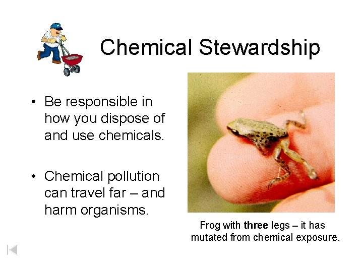 Chemical Stewardship • Be responsible in how you dispose of and use chemicals. •