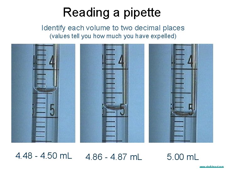 Reading a pipette Identify each volume to two decimal places (values tell you how