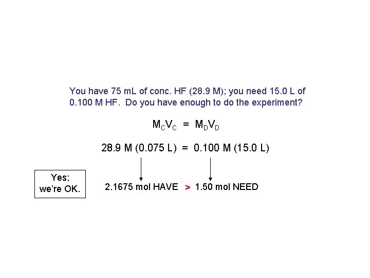You have 75 m. L of conc. HF (28. 9 M); you need 15.