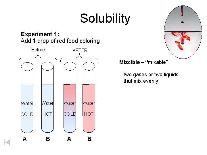 Solubility Experiment 1: Add 1 drop of red food coloring Before AFTER Miscible –