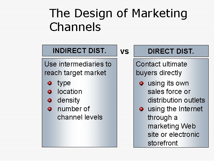 The Design of Marketing Channels INDIRECT DIST. Use intermediaries to reach target market type