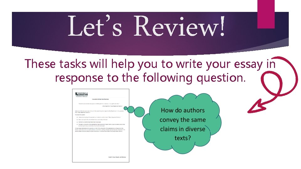 Let’s Review! These tasks will help you to write your essay in response to