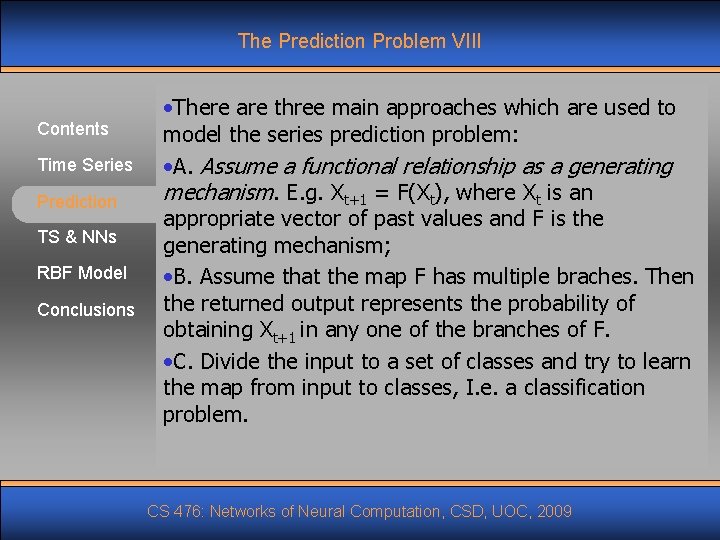 The Prediction Problem VIII Contents Time Series Prediction TS & NNs RBF Model Conclusions