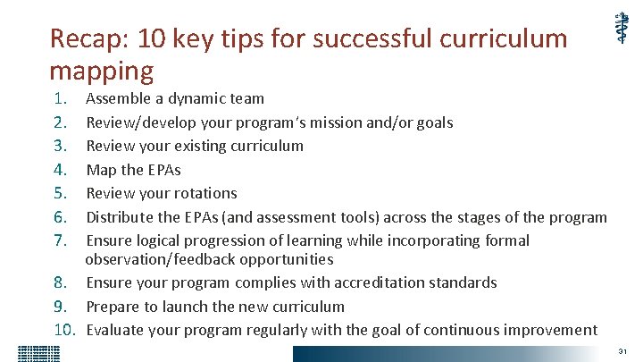 Recap: 10 key tips for successful curriculum mapping 1. 2. 3. 4. 5. 6.