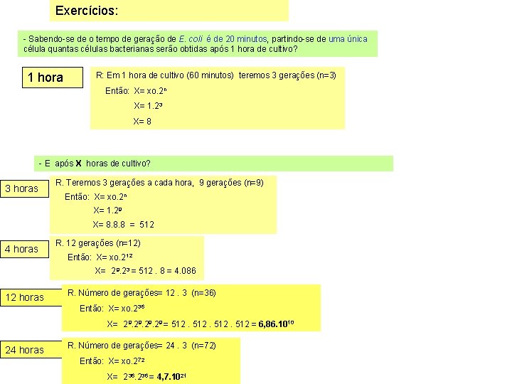 Exercícios: - Sabendo-se de o tempo de geração de E. coli é de 20