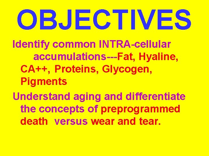 OBJECTIVES Identify common INTRA-cellular accumulations---Fat, Hyaline, CA++, Proteins, Glycogen, Pigments Understand aging and differentiate