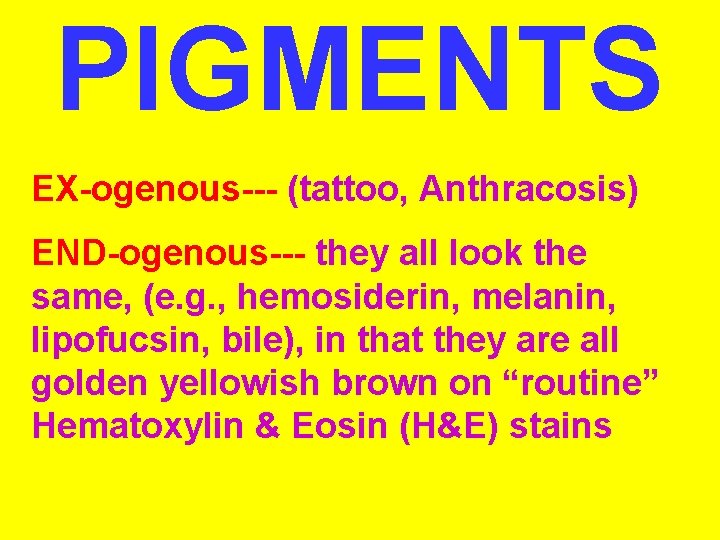 PIGMENTS EX-ogenous--- (tattoo, Anthracosis) END-ogenous--- they all look the same, (e. g. , hemosiderin,