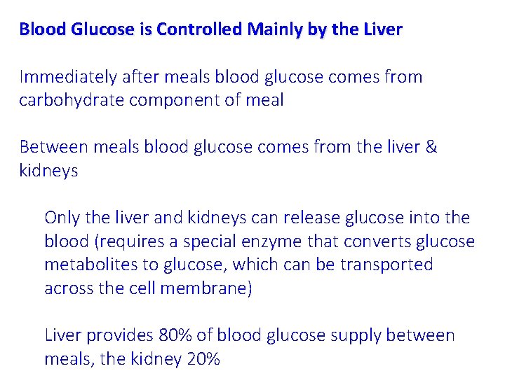 Blood Glucose is Controlled Mainly by the Liver Immediately after meals blood glucose comes