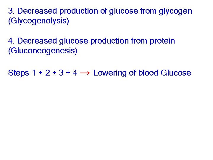 3. Decreased production of glucose from glycogen (Glycogenolysis) 4. Decreased glucose production from protein