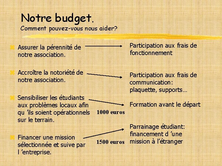 Notre budget. Comment pouvez-vous nous aider? z Assurer la pérennité de notre association. Participation