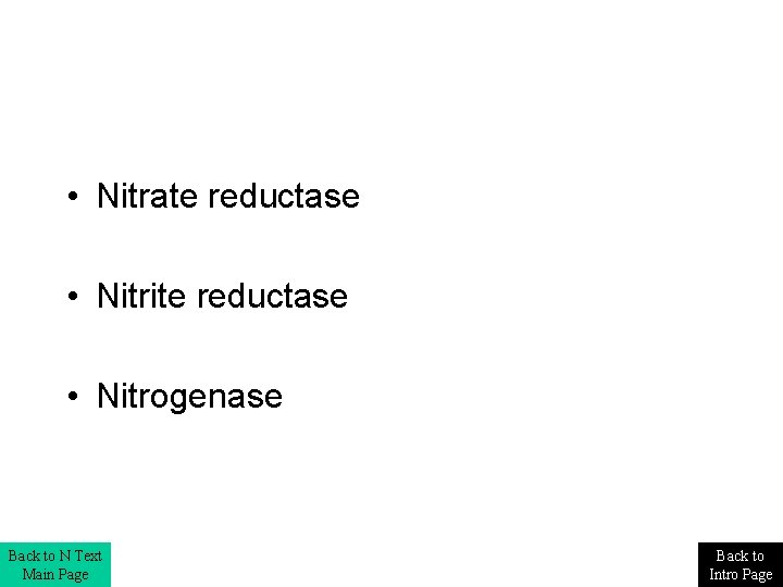  • Nitrate reductase • Nitrite reductase • Nitrogenase Back to N Text Main