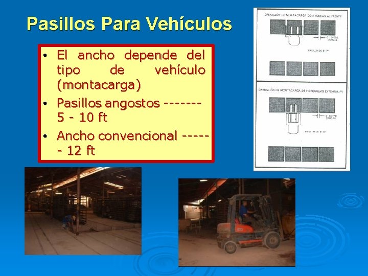 Pasillos Para Vehículos • El ancho depende del tipo de vehículo (montacarga) • Pasillos