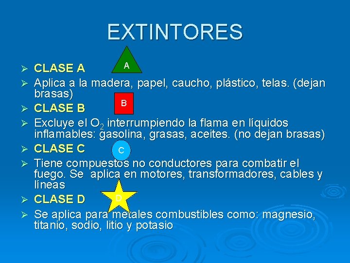 EXTINTORES A CLASE A Aplica a la madera, papel, caucho, plástico, telas. (dejan brasas)