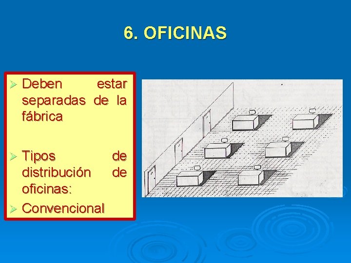 6. OFICINAS Deben estar separadas de la fábrica Tipos de distribución de oficinas: Convencional